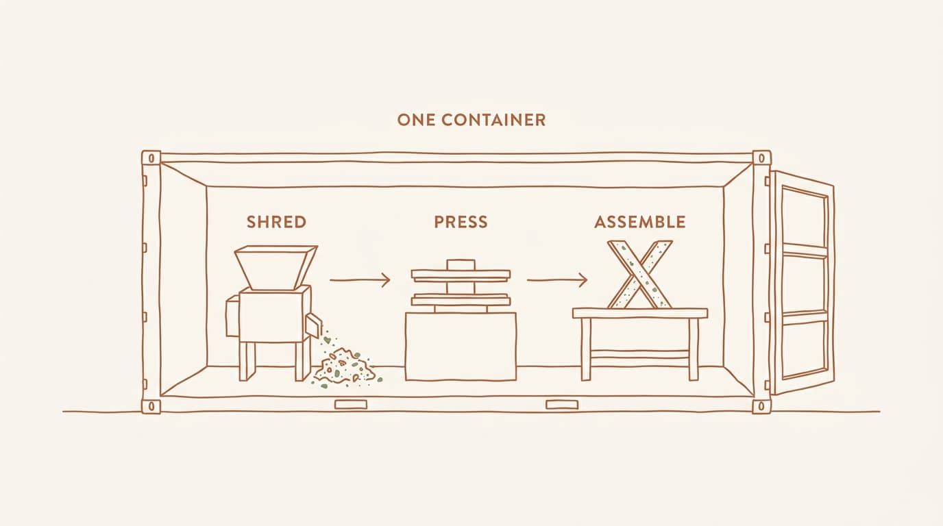 Inside one shipping container: a shredder turns plastic to chip, a heat press presses it into sheet, and an X-trestle leg is assembled at a bench