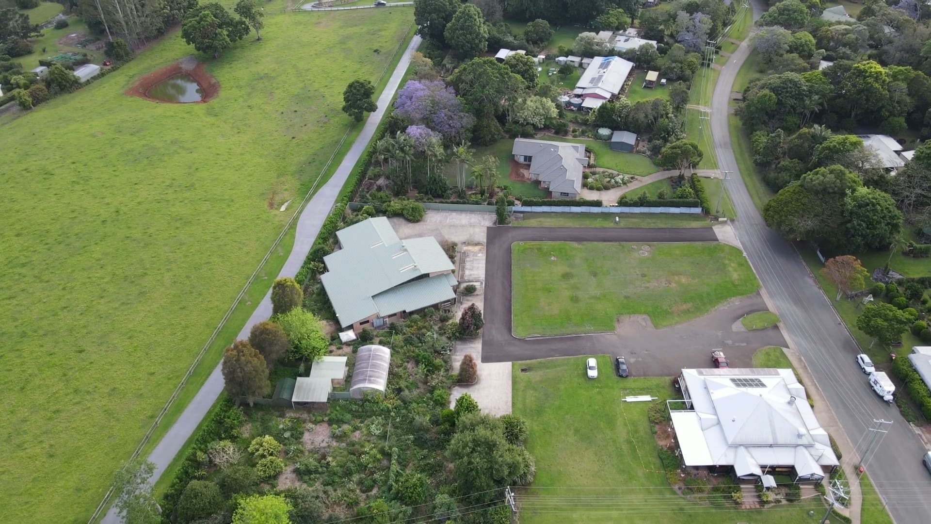 The Harvest at Witta from the air, sheds and paddocks