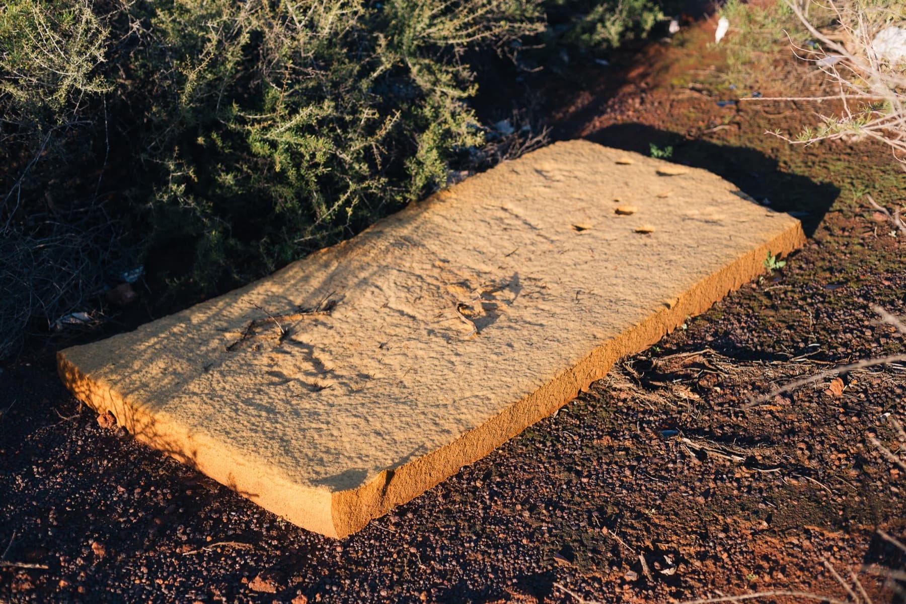 A foam mattress dyed the colour of the dirt it was abandoned on