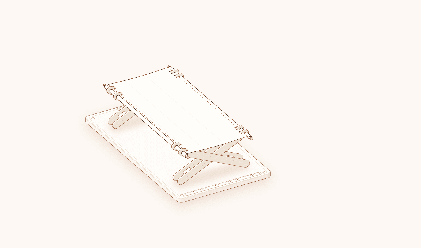 Drawing of a Stretch Bed going together: the X-legs, the poles and the canvas