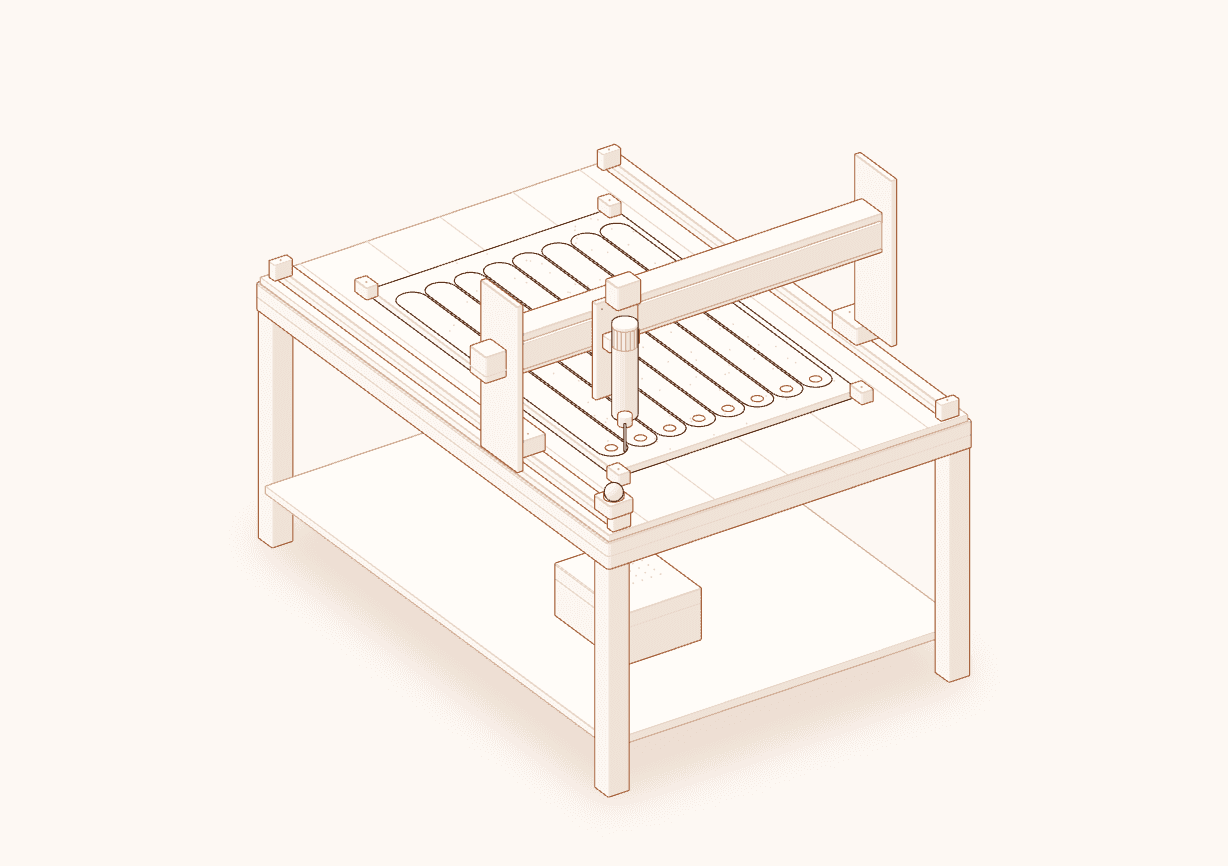 Drawing of the CNC router: the gantry cuts each board from the sheet
