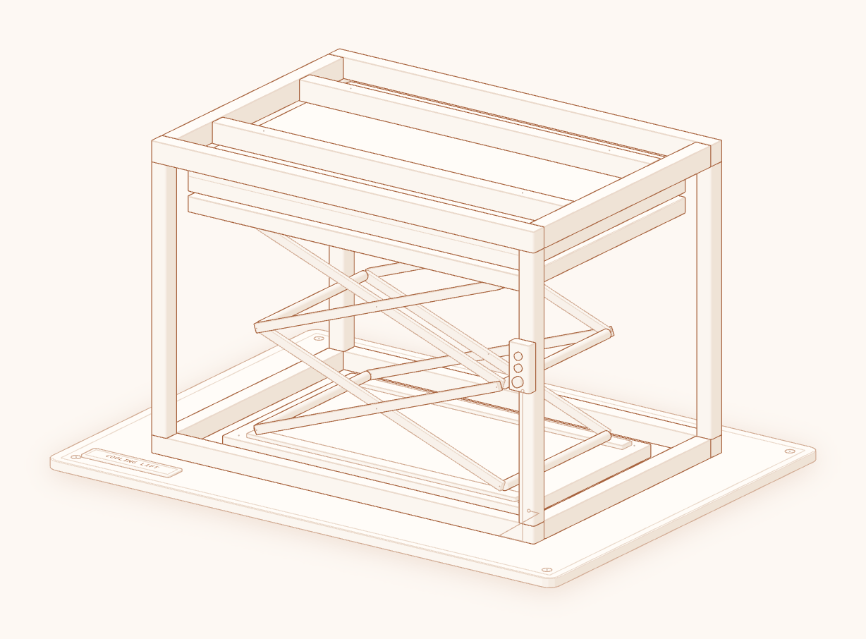 Drawing of the cooling lift: a scissor lift table in a steel rack raises the hot sheet against a cool top plate and holds it flat. Drawn from the usual design, not measured from Goods’ own