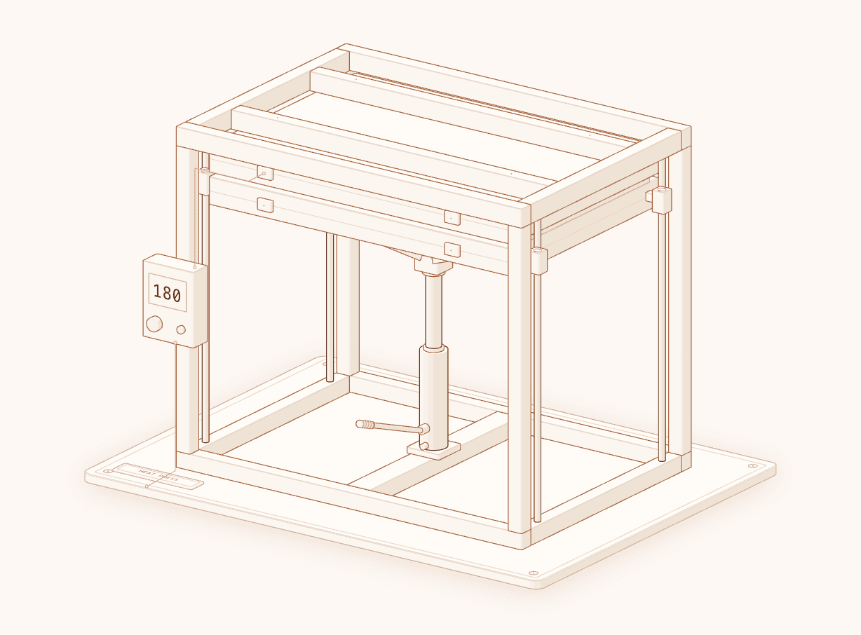 Drawing of the heat press: the jack lifts the lower platen until the mould closes