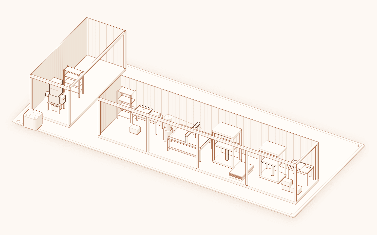 Drawing of the plant: the 20 ft shredder container and the 40 ft production container with the edge-router bench, the CNC router and the two heat presses