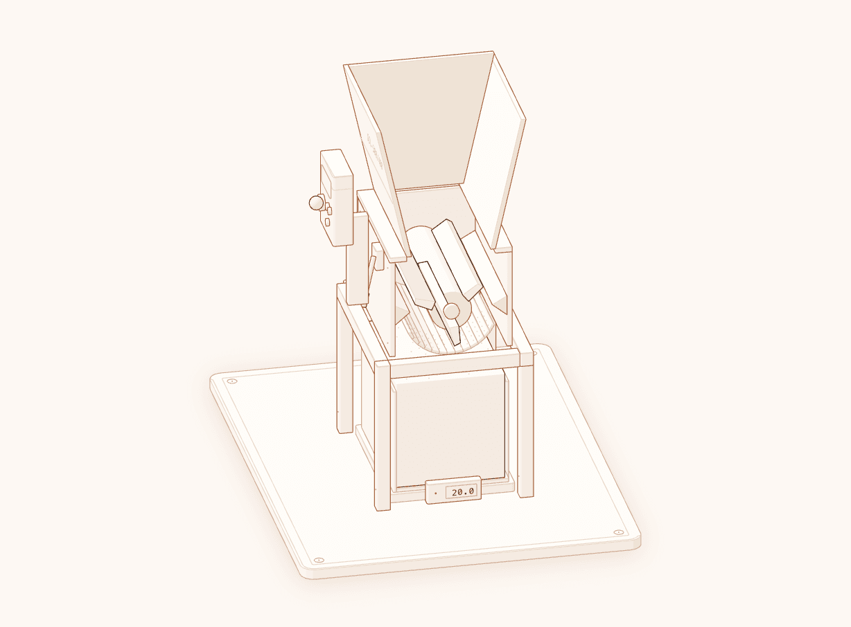 Drawing of the shredder: hopper, cutting chamber, motor and the flake bin