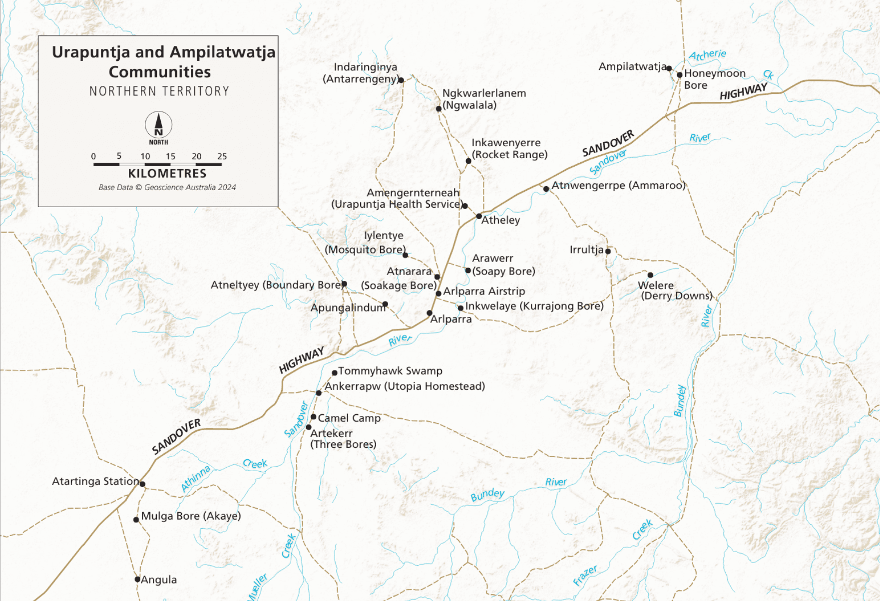 Map of the Urapuntja and Ampilatwatja homelands across the Sandover region of the Northern Territory, showing dozens of outstations including Arawerr (Soapy Bore), Atneltyey, Arlparra, Tommyhawk Swamp, Camel Camp, Atartinga Station, Mulga Bore (Akaye), Indaringinya (Antarrengeny), Inkawenyerre (Rocket Range), Amengernterneah (Urapuntja Health Service), Atheley, Atnwengerrpe (Ammaroo), Welere (Derry Downs) and Ampilatwatja at the north-east corner.